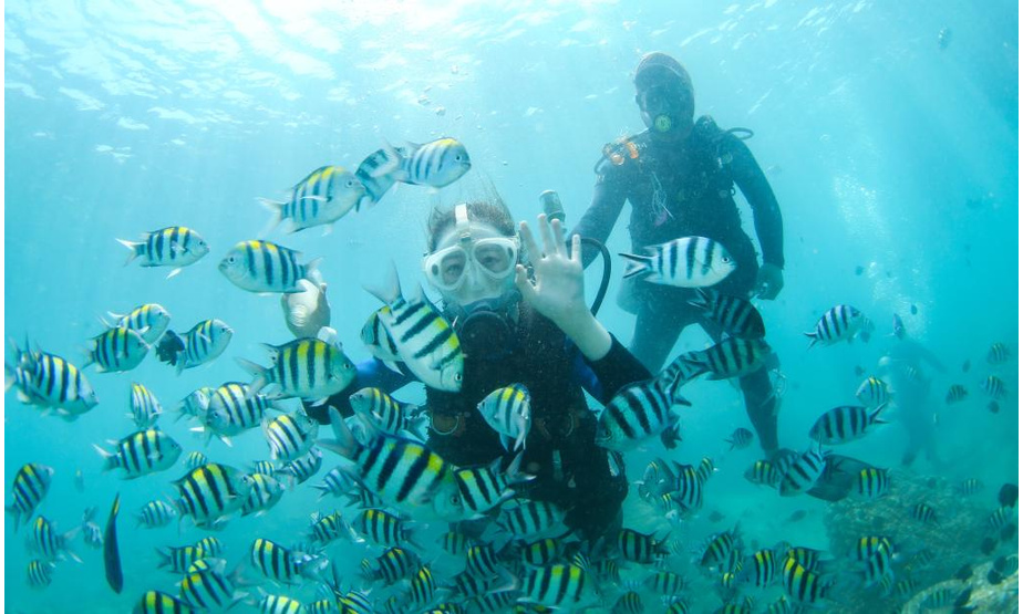 游客在分界洲岛海域体验潜水（9月28日摄）。
