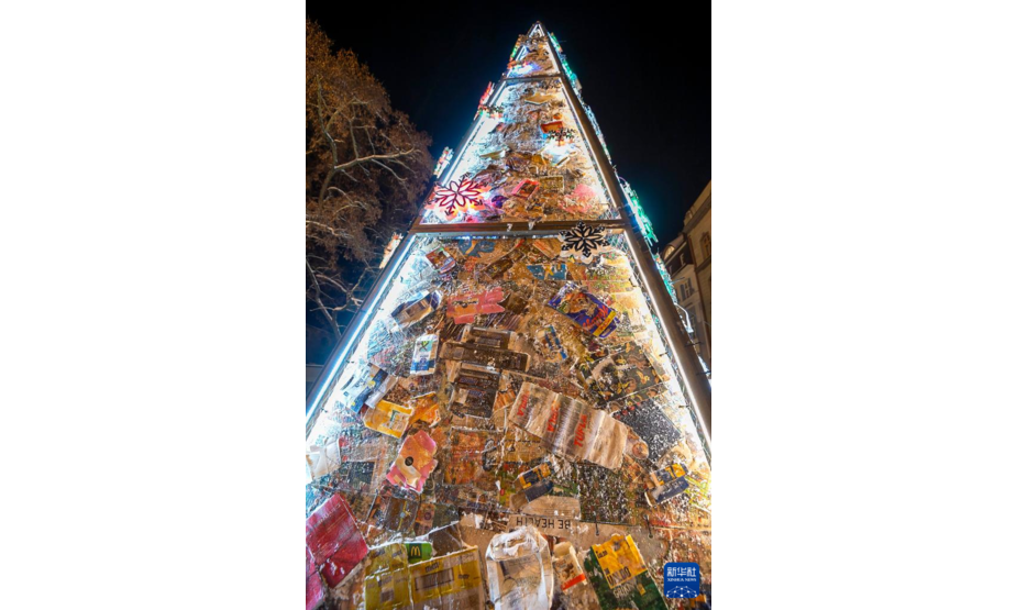 这是12月1日在拉脱维亚里加拍摄的一棵由垃圾组成的圣诞树。新华社发（埃迪斯·帕伦斯摄）