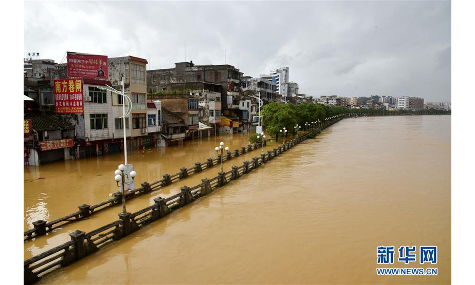 9月18日，阳春市漠阳江畔的街道被洪水淹没。  新华社记者 周科 摄