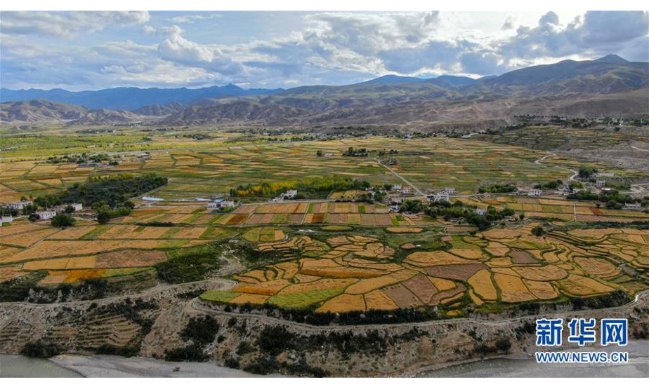 尼木河谷色彩斑斓的农田（9月13日无人机拍摄）。 尼木县隶属于西藏自治区拉萨市，地处西藏中南部、雅鲁藏布江中游北岸。这里山峦起伏，河谷纵横，地形西高东低，平均海拔4000米以上。每到秋收时节，这里的农田由于农作物种植时间不同，种类各异而呈现不同的颜色，从空中俯瞰，犹如一个巨大的天然调色板。 新华社记者 晋美多吉 摄