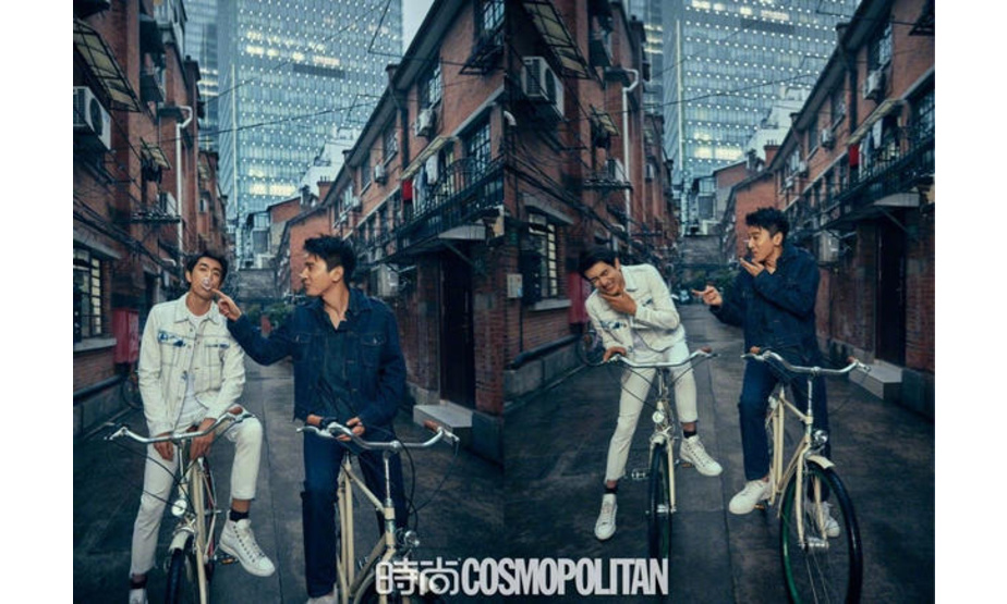 赵又廷林更新两人骑着自行车在弄堂互动，画面有趣搞怪。