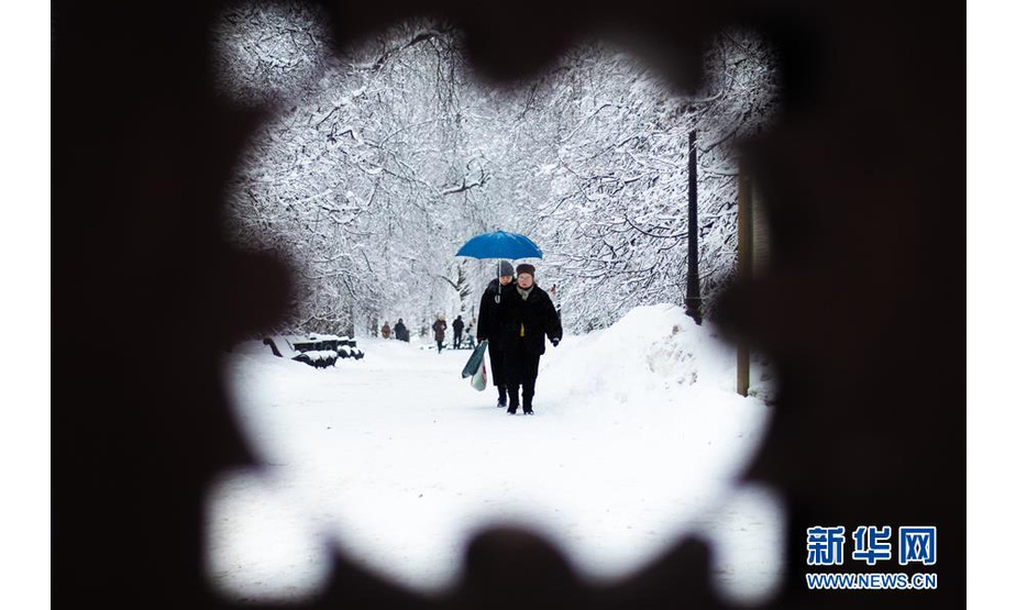 2月13日，在俄罗斯首都莫斯科，人们在科罗缅斯克庄园内行走。  新华社记者白雪骐摄