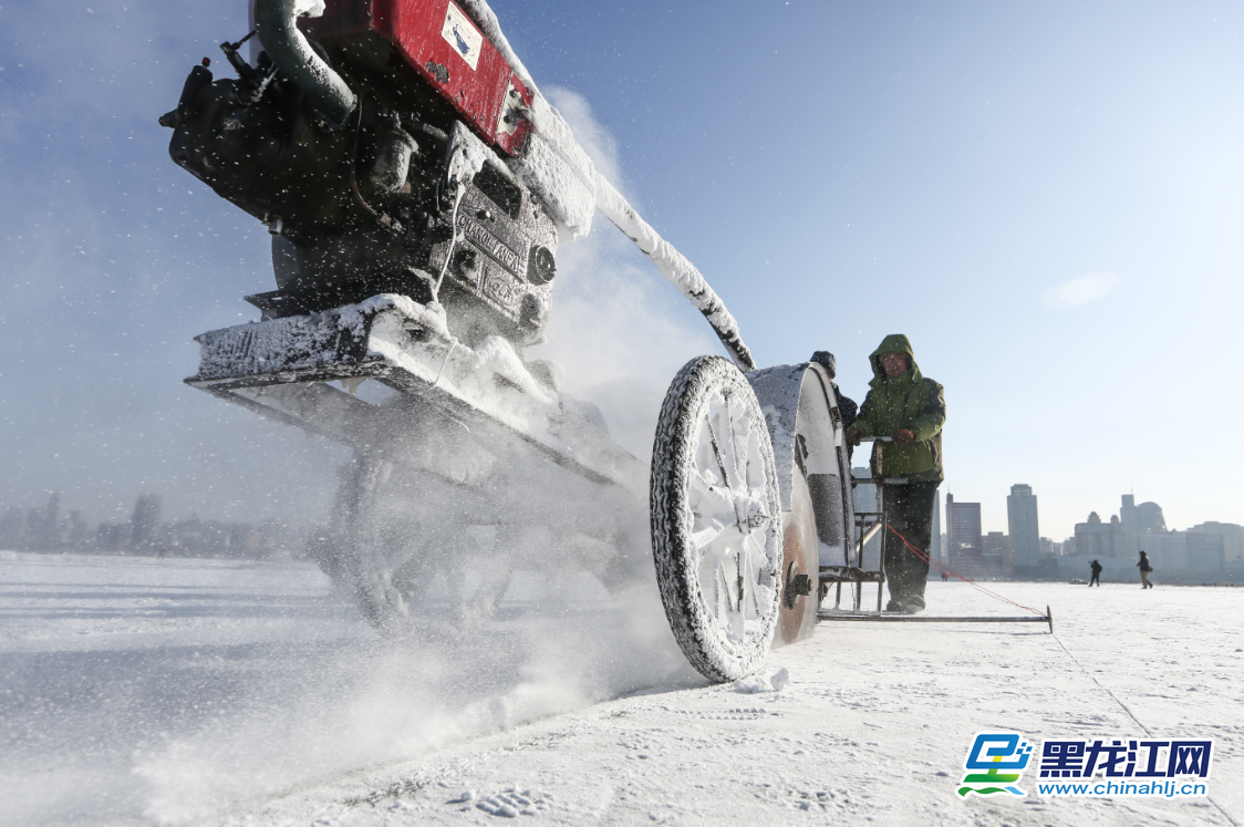 中国冰城哈尔滨每年冬季都见证中国最大规模的采冰活动，在北风呼啸、光滑如镜的松花江上，每天近千名采冰工人一起作业，取冰场面十分壮观。王铁男 摄