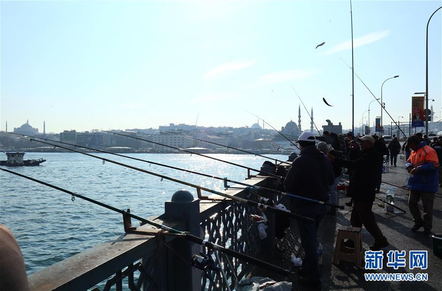 1月14日，在土耳其伊斯坦布尔，人们在海边垂钓。 近日，土耳其最大城市伊斯坦布尔的气温转暖，不少垂钓爱好者来到海边，享受冬日的暖阳和垂钓的乐趣。 新华社记者 徐速绘 摄