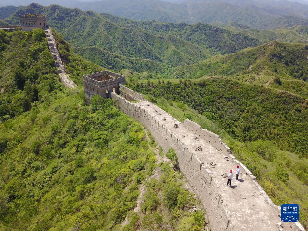 6月11日，在金山岭长城，技术人员在采集长城破损情况信息（无人机照片）。

　　新华社发（王立群 摄）