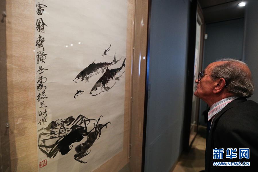 11月12日，观众在希腊雅典塞奥哈拉基斯艺术基金会美术馆观看齐白石艺术展。 新华社记者 郑焕松 摄