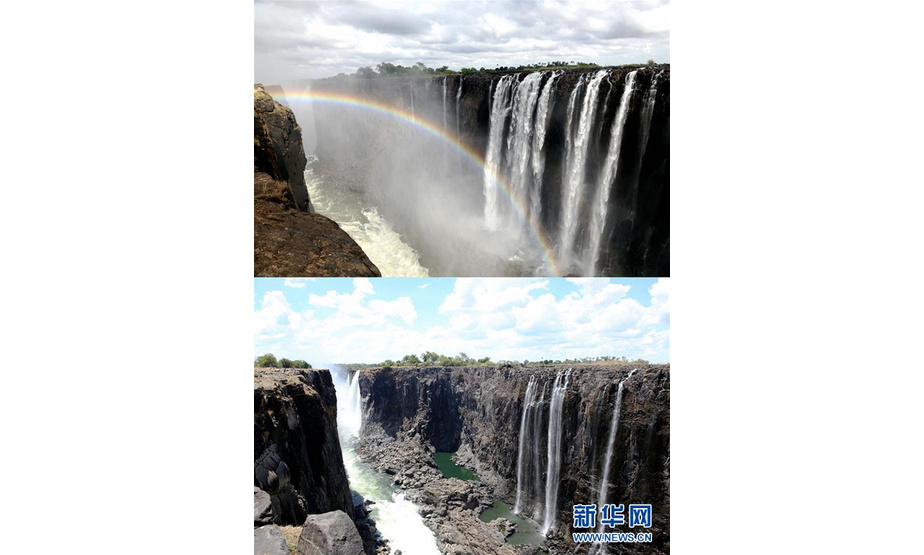 拼版照片：上图为2016年12月31日拍摄的位于津巴布韦和赞比亚交界处的维多利亚瀑布；下图为2019年12月13日拍摄的维多利亚瀑布。 新华社记者 张玉亮 摄