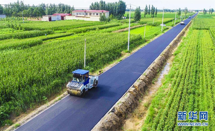 8月15日，在河北省枣强县大营镇南石村，压路机在夯实刚铺好的乡村公路（无人机拍摄）。 近年来，河北省枣强县大力实施城乡道路畅通工程，按照“建好、管好、护好、运营好”要求，积极推进农村公路建设和维护。目前，枣强县公路总里程达1758公里，公路密度达到每百平方公里212公里，给当地老百姓生活带来便利，并带动农产品外销，加快了乡村振兴步伐。 新华社记者 李晓果 摄