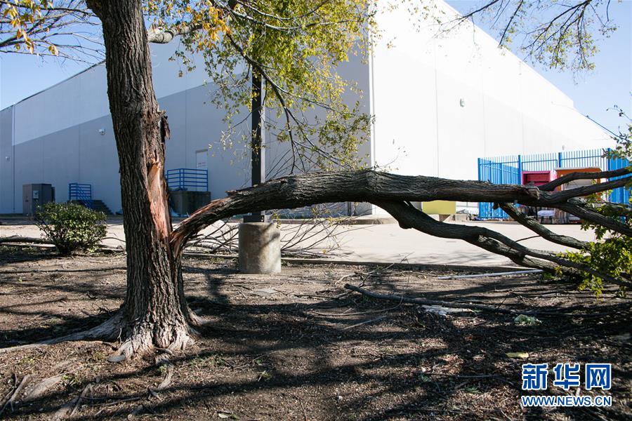 这是10月21日在美国得克萨斯州达拉斯拍摄的龙卷风袭击现场。 20日夜间，美国得克萨斯州达拉斯市及附近地区遭遇龙卷风，大量房屋受损。 新华社发（田丹摄）