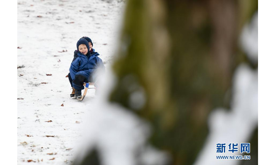 1月17日，在德国法兰克福，两名孩子在一处公园内的雪地上滑雪橇玩耍。

　　当日，德国法兰克福市降雪。不少家长带着孩子来到户外，尽享雪趣。

　　新华社记者逯阳摄