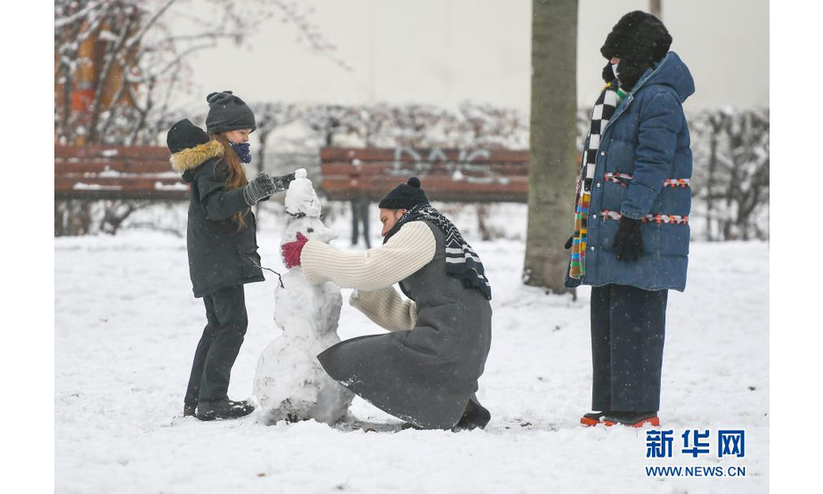 1月17日，在德国法兰克福，家长带着孩子在一处公园的雪地上堆雪人。

　　当日，德国法兰克福市降雪。不少家长带着孩子来到户外，尽享雪趣。

　　新华社记者逯阳摄