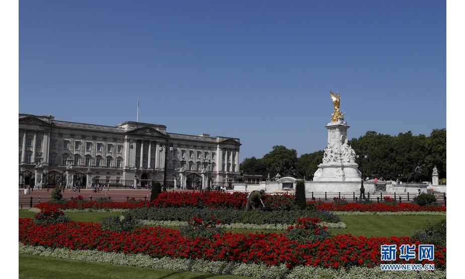 7月20日，一名园丁在英国伦敦白金汉宫门前修剪花草。

　　连日来，英国伦敦天气晴好，气象局连续发布高温预警，本年度高温纪录多次被打破。

　　新华社记者 韩岩 摄