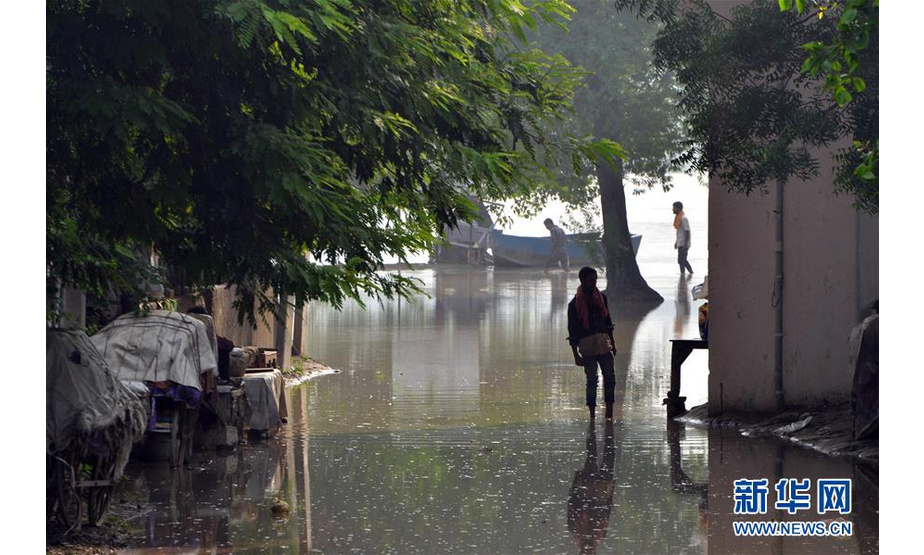 8月20日，在印度新德里低洼地区的一个棚户区，人们涉水前行。连日来，暴雨导致印度亚穆纳河水位上涨，新德里市政府要求生活在低洼地带的人们转移到安全地区。新华社发（帕塔·萨卡尔 摄）