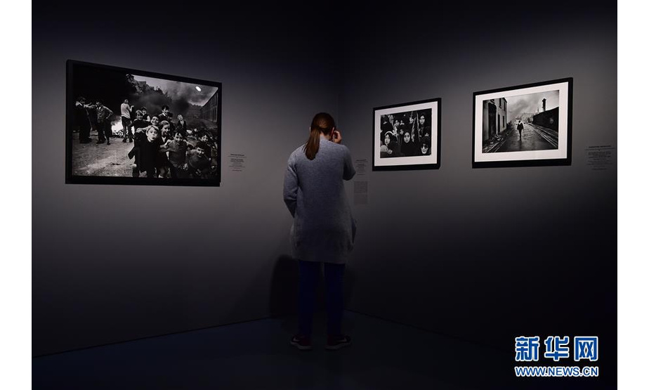 5月21日，在德国杜塞尔多夫艺术宫博物馆，一名参观者观看女战地摄影师作品展。 新华社记者逯阳摄
