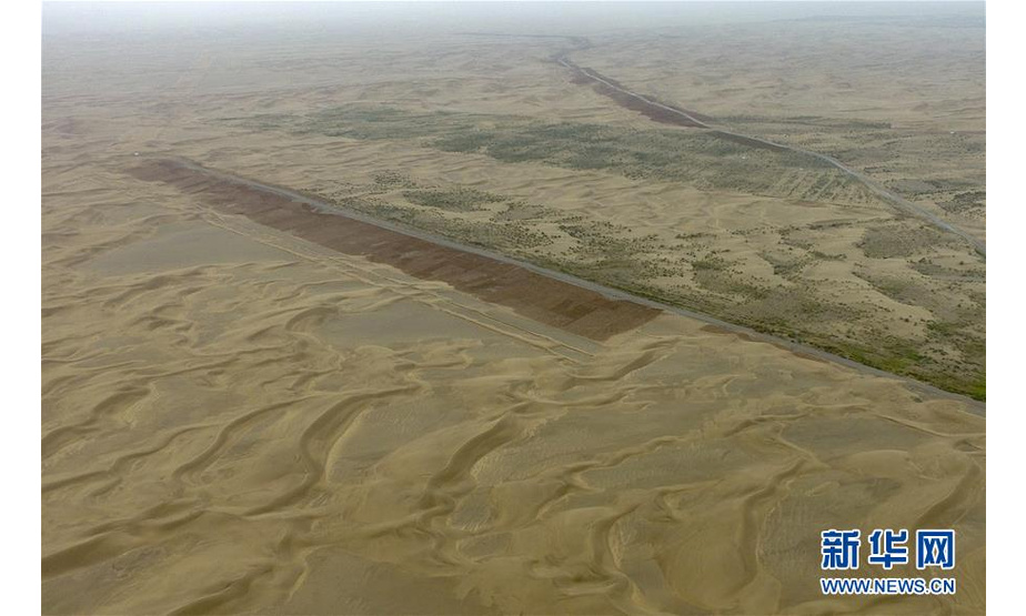 从空中俯瞰且末县车尔臣河以东的防沙治沙绿色长廊（8月21日无人机拍摄）。新建的绿色走廊开始在沙漠里延伸。 新华社记者 赵戈 摄