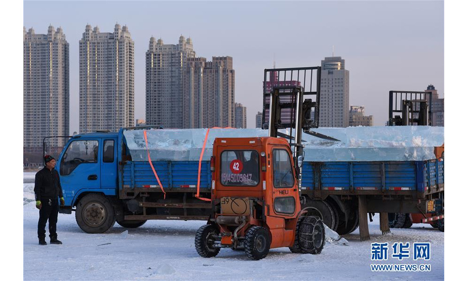 12月11日，在松花江哈尔滨段，工人将冰块装车。
目前，松花江哈尔滨段已进入“采冰季”，有关部门组织工人在封冻的松花江上采冰，用于哈尔滨市区各个冰雪景观的制作。 新华社记者 程子龙 摄