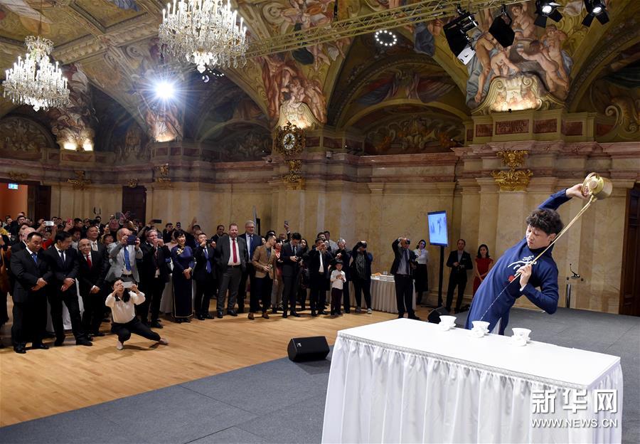 10月9日，在奥地利首都维也纳“文化中国、锦绣四川”四川文化旅游展示会上，人们观看茶艺表演。新华社记者 郭晨 摄
