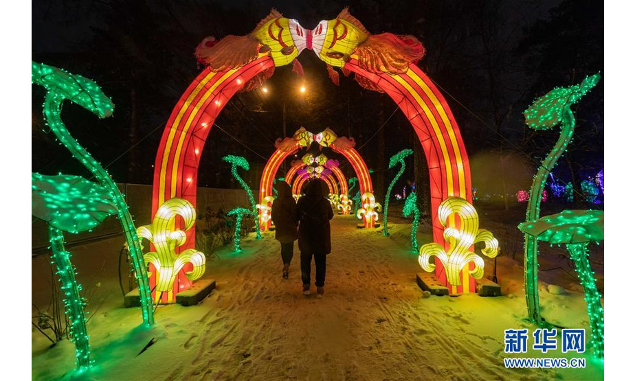 12月4日，在俄罗斯首都莫斯科，人们在中国彩灯节上参观。 中国彩灯节4日在莫斯科索科尔尼基公园开幕，为寒冷漫长的莫斯科冬夜带来浪漫而独特的中国文化体验。本次彩灯节展出了来自中国四川省自贡市的45组近4500件彩灯作品，将持续至2020年2月23日。 新华社记者 白雪骐 摄
