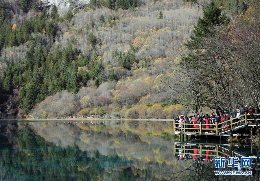11月7日在九寨沟景区拍摄的景色。 当日，四川省阿坝藏族羌族自治州的九寨沟景区内艳阳高照，风景醉人。九寨沟景区经过地震重建后，于今年9月27日恢复开放85%的区域，“补妆”归来，美丽依旧。 新华社记者 李梦馨 摄