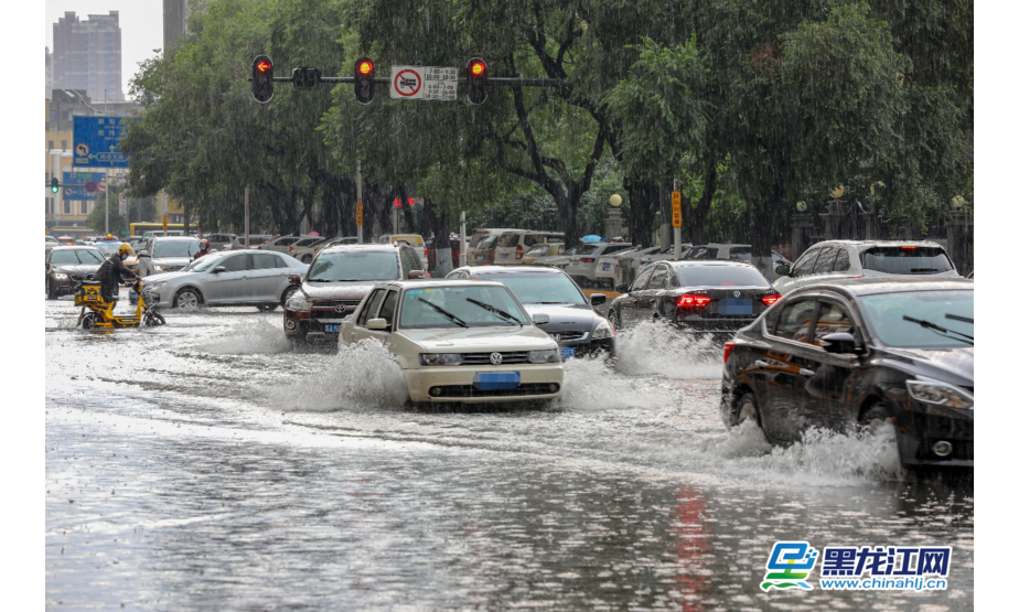 今日，大暑，哈尔滨主城区一场强降雨给人们带来一丝清凉。由于暴雨突然，哈尔滨市部分路段有不同程度的积水，过往司机纷纷打起了双闪冒险通过积水路段。（记者 石启立）