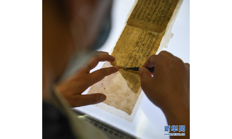 在西藏自治区古籍保护中心，工作人员修复珍贵藏文濒危古籍文献（9月12日摄）。新华社记者 晋美多吉 摄

