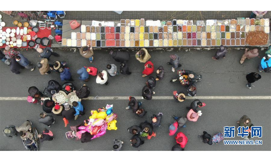 1月22日，城乡居民在大集上置办年货（无人机照片）。新华社记者 杨青 摄
