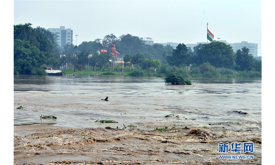这是8月20日在印度新德里拍摄的水位上涨的亚穆纳河。连日来，暴雨导致印度亚穆纳河水位上涨，新德里市政府要求生活在低洼地带的人们转移到安全地区。新华社发（帕塔·萨卡尔 摄）