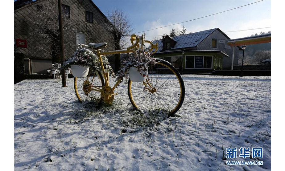 12月3日，在克罗地亚西部山区小镇代尔尼采，一辆自行车停在雪地里。 新华社发（戈兰·科瓦契奇摄）