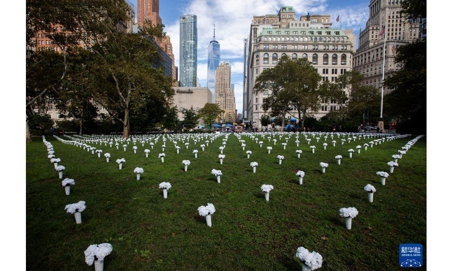 这是10月8日在美国纽约炮台公园内拍摄的为悼念枪支暴力遇难者摆放的白色瓶花。

　　据主办方介绍，这个由1050个白色瓶花组成的大型纪念装置旨在悼念2020年在纽约州死于枪支暴力的1050名受害者，呼吁政府针对枪支暴力采取行动。

　　新华社记者 王迎 摄