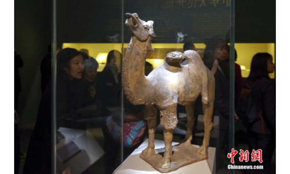 4月11日，“殊方共享——丝绸之路国家博物馆文物精品展”在北京中国国家博物馆开幕。图为中国国家博物馆藏黄釉骆驼俑。中新社记者 贾天勇 摄