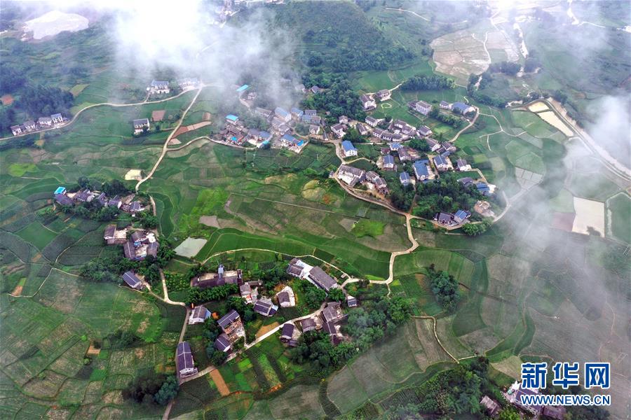 7月1日拍摄的贵州省绥阳县风华镇乡村风光（无人机照片）。 近年来，有“中国诗乡”美称的贵州省绥阳县努力打造美丽乡村，创建美丽生态。雨后的乡间山水、田园、林木、民居在薄薄的云雾下宁静柔美，呈现出一幅幅靓丽的高原乡村景致。 新华社记者 杨楹 摄