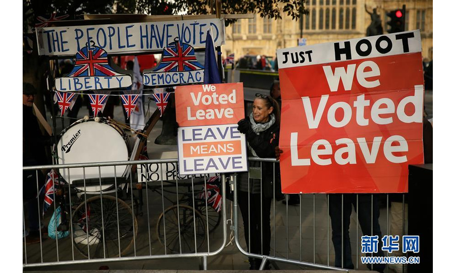 1月9日，在英国伦敦，“脱欧”支持者在议会大厦外集会。 英国首相府8日确认，一度推迟的“脱欧”协议投票表决将于15日在议会下院举行。 新华社发（蒂姆·爱尔兰 摄）