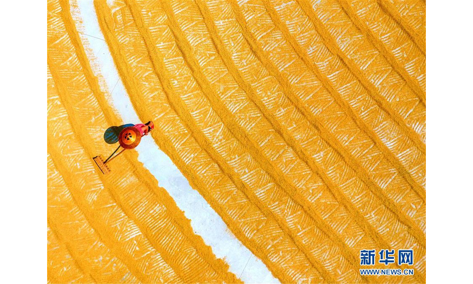 9月22日，在湖南省双峰县井字镇三石村，农民在晾晒稻谷（无人机拍摄）。 新华社发（李建新 摄）
