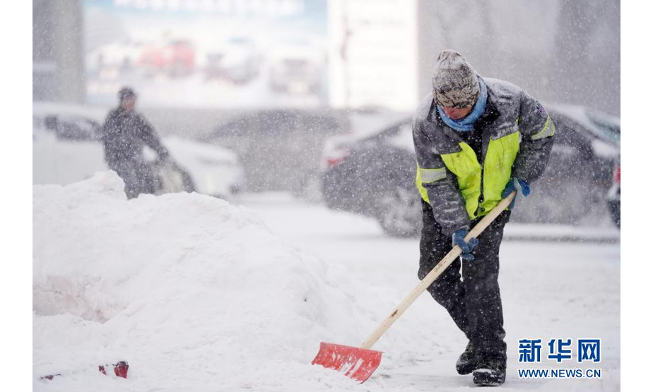 11月19日，在哈尔滨市中山路，环卫工人在清雪。

　　当日，黑龙江省多地遭遇暴雪天气。上午7时，黑龙江省气象局将气象灾害（暴雪）Ⅳ级应急响应提升为Ⅱ级。

　　新华社记者 王建威 摄