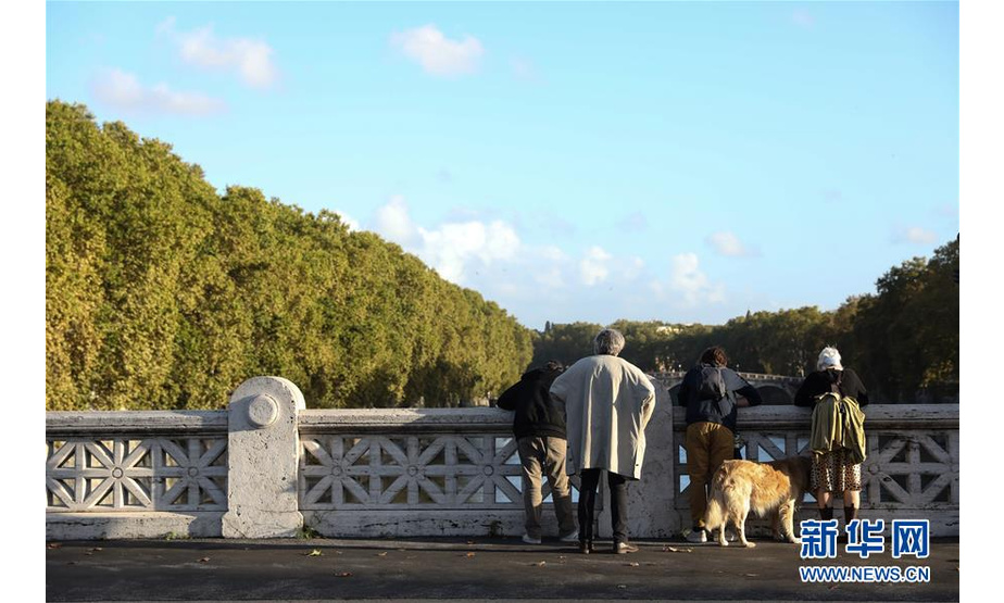 11月4日，在意大利首都罗马，人们站在桥上欣赏台伯河畔美景。 连日阴雨后，罗马迎来了好天气，人们纷纷来到户外享受秋日的阳光与美景。 新华社记者程婷婷摄