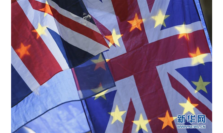 这是1月9日在英国伦敦拍摄的“脱欧”反对者在议会大厦外集会时携带的英国国旗和欧盟旗帜。 英国首相府8日确认，一度推迟的“脱欧”协议投票表决将于15日在议会下院举行。 新华社发（蒂姆·爱尔兰 摄）