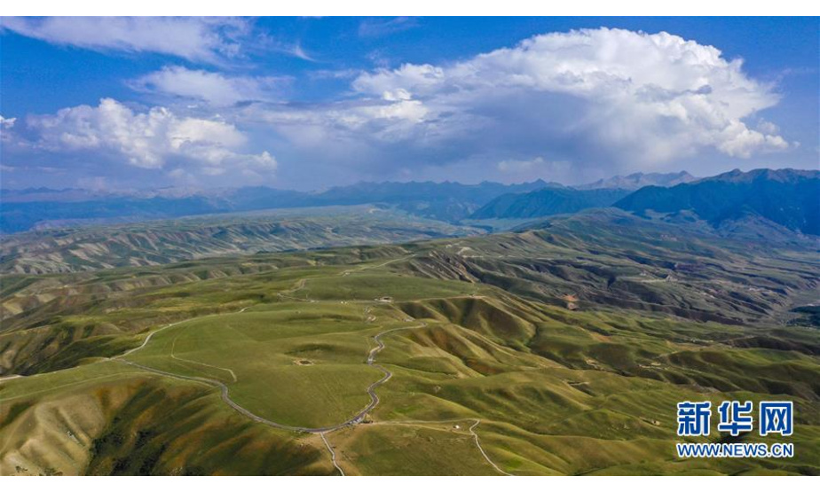 这是8月13日拍摄的喀拉峻草原一景（无人机拍摄）。 喀拉峻草原位于新疆伊犁河谷的特克斯县境内，山峦连绵起伏，线条柔美，层次分明，犹如一幅大气磅礴的天然画卷。 新华社记者 胡虎虎 摄