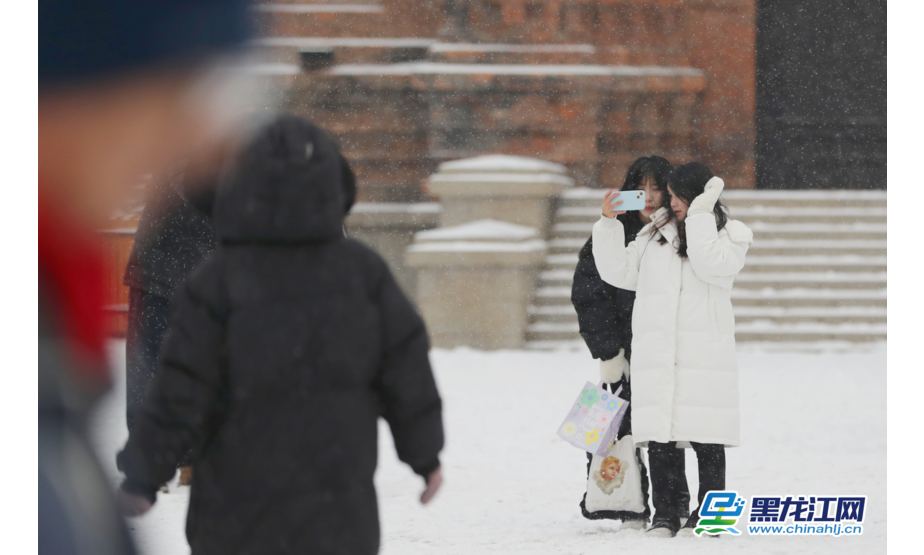 2月11日，游客在哈尔滨市建筑艺术广场前拍照留念。