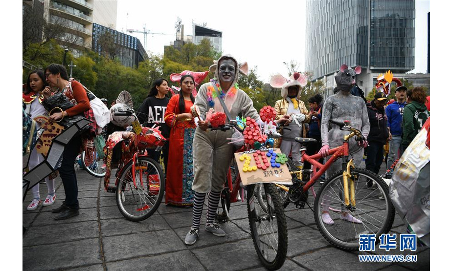 1月19日，在墨西哥首都墨西哥城，人们参加自行车生肖装饰大赛。 当日，墨西哥自行车生肖装饰大赛在首都墨西哥城改革大道举行。数十辆造型各异的自行车生肖装饰作品让墨西哥民众感受到中国春节的独特文化魅力。 新华社记者 辛悦卫 摄
