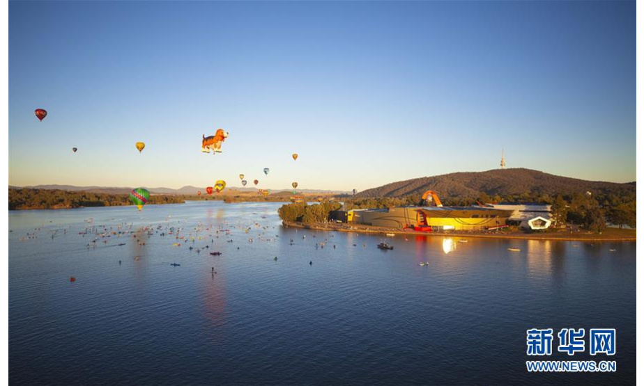 3月11日，在澳大利亚堪培拉，热气球飞过格里芬湖上空。 堪培拉热气球节于3月9日至17日举行。 新华社发（潘翔越摄）