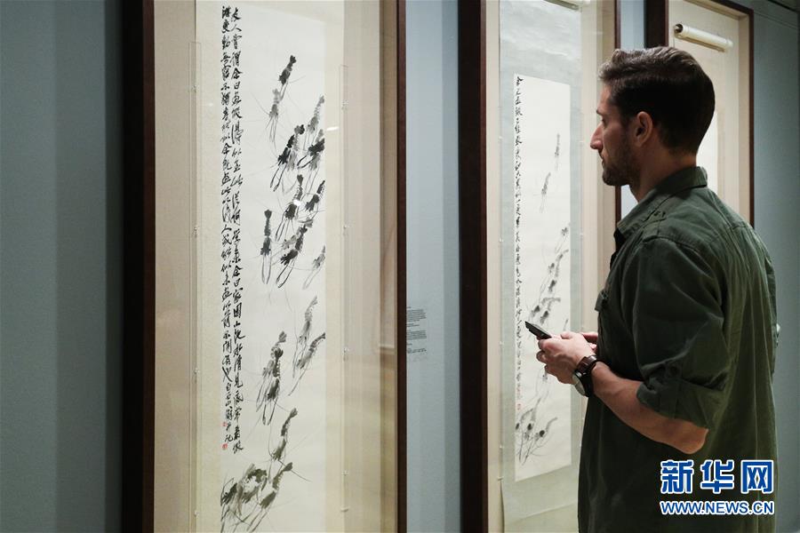 11月12日，观众在希腊雅典塞奥哈拉基斯艺术基金会美术馆观看齐白石艺术展。 新华社记者 郑焕松 摄