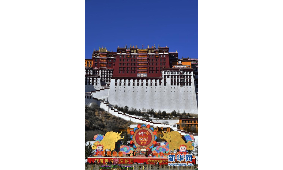 2月8日拍摄的布达拉宫前迎接春节和藏历新年的吉祥装饰。

　　2021年农历春节与藏历新年是同一天，拉萨大街小巷充满节日气氛，各族人民将共同迎接“双新年”。

　　新华社记者 觉果 摄