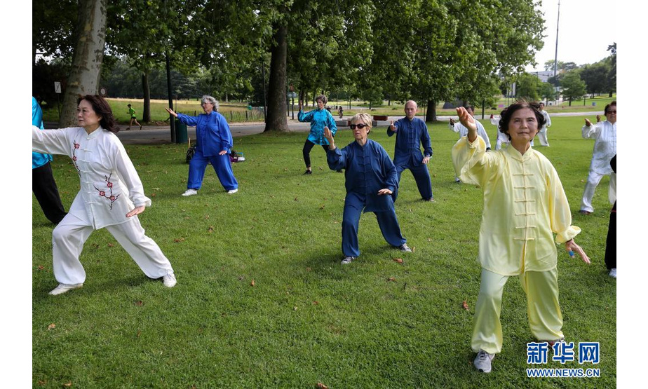 7月28日，人们在比利时布鲁塞尔的拉肯公园练习太极。

　　当日，数十位比利时各地的太极爱好者齐聚布鲁塞尔，进行太极拳、太极剑、太极扇等表演，交流切磋技艺。

　　新华社记者 张铖 摄