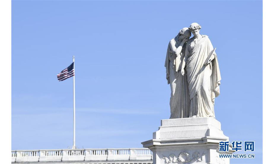 这是3月14日在美国首都华盛顿拍摄的国会山前的雕塑。美国国会参议院14日通过一项决议，叫停总统特朗普此前宣布的美国南部边境进入“国家紧急状态”。特朗普随后表示将否决该决议。 新华社记者刘杰摄