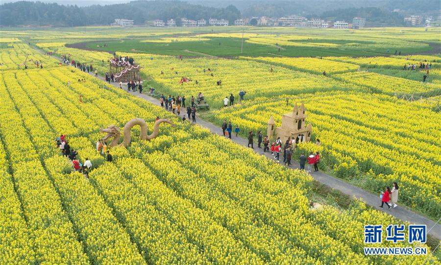 3月15日，游人在湖南省衡阳县库宗桥镇华山村油菜花田里赏花踏春。 随着气温回升，各地春花绽放，春意盎然。