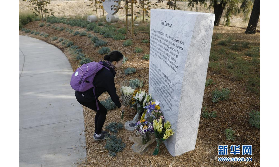 11月9日，在美国加利福尼亚州圣何塞，一名女子向刻有张纯如生平简介的纪念碑献花。 当日，以美籍华裔作家张纯如名字命名的“张纯如公园”在美国加利福尼亚州圣何塞揭幕，300余人出席了揭幕仪式。张纯如是让西方世界了解南京大屠杀真相的著名作家，1997年12月其写作出版的《南京大屠杀：被遗忘的二战浩劫》一书，曾震惊西方世界，在随后数年内再版十余次，迄今印数已近百万册，在国际社会产生巨大影响。她还是《拉贝日记》《魏特琳日记》的重要发现人之一。这两本日记与她所撰写的书籍一起，成为揭露侵华日军在南京实施暴行的铁证。 新华社发（李建国摄）