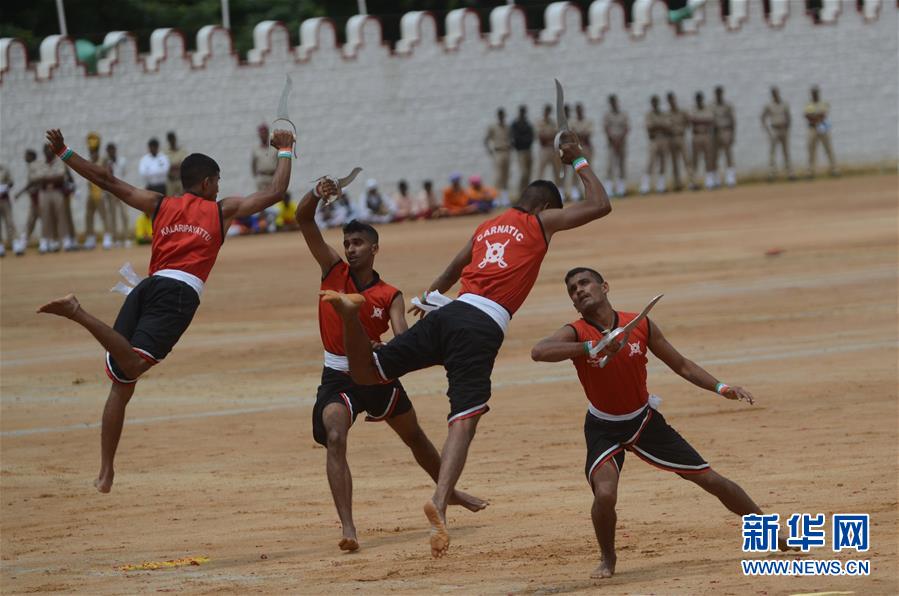 8月15日，在印度班加罗尔，印度陆军代表队在独立日庆祝活动中表演印度武术。 新华社发