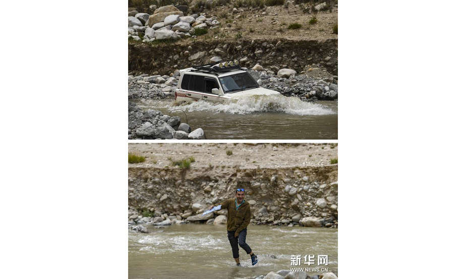 拼版照片：上图为新疆塔什库尔干塔吉克自治县文工团的车辆通过一处涉水路段，前往热斯喀木村演出；下图为一名文工团演员从水里捡起车辆过河时被冲掉的车牌（6月5日摄）。新华社记者 胡虎虎 摄