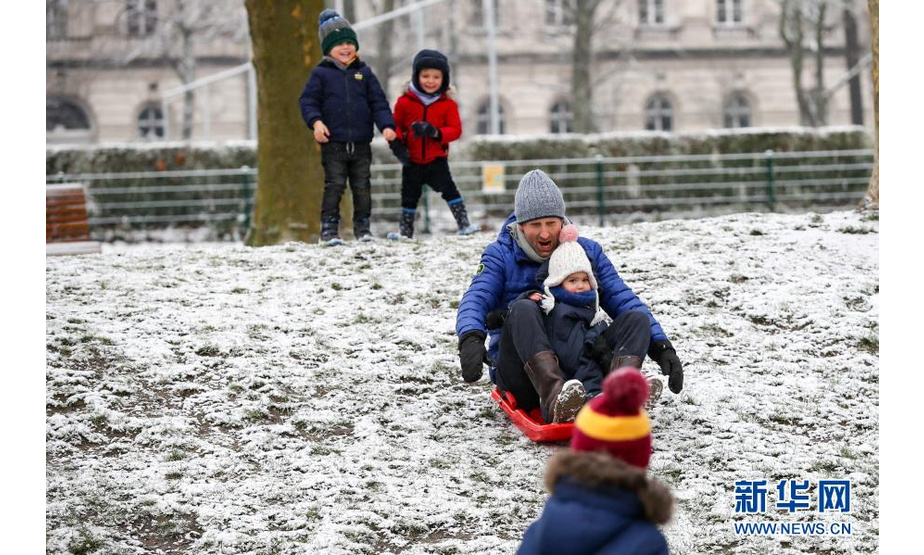 2月7日，人们在比利时布鲁塞尔的五十周年纪念公园玩雪。

　　当日，比利时首都布鲁塞尔迎来降雪天气，众多市民外出赏雪、游玩。

　　新华社记者 张铖 摄