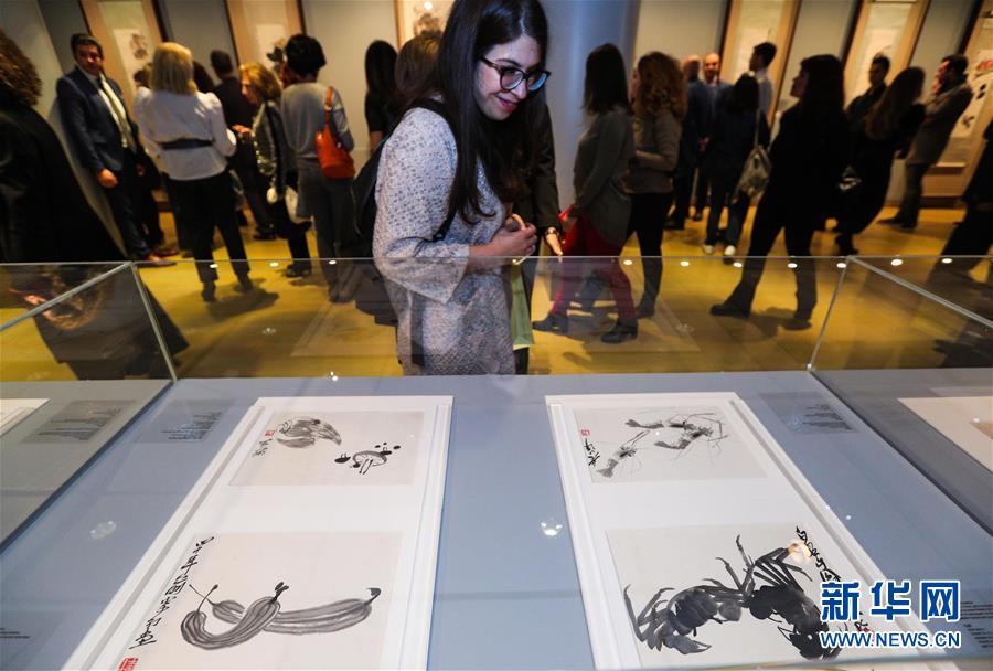 11月12日，一名观众在希腊雅典塞奥哈拉基斯艺术基金会美术馆观看齐白石艺术展。

　　当天，由北京画院、中希经济文化发展促进会、塞奥哈拉基斯艺术基金会美术馆主办的“此中真味——齐白石艺术里的中国哲思”展览在希腊首都雅典塞奥哈拉基斯艺术基金会美术馆开幕。此次展览为期两个月，展出126件齐白石艺术作品，旨在展现中国美学的独特韵味，促进中、希两国在文化艺术领域的交流。

　　新华社记者 郑焕松 摄